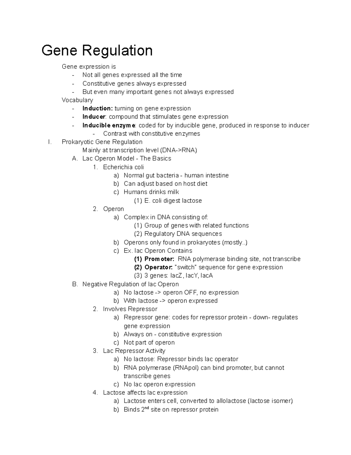 Gene Regulation - lecture 16 notes -Dr. Stern Cardinale's - 01:119:115 ...