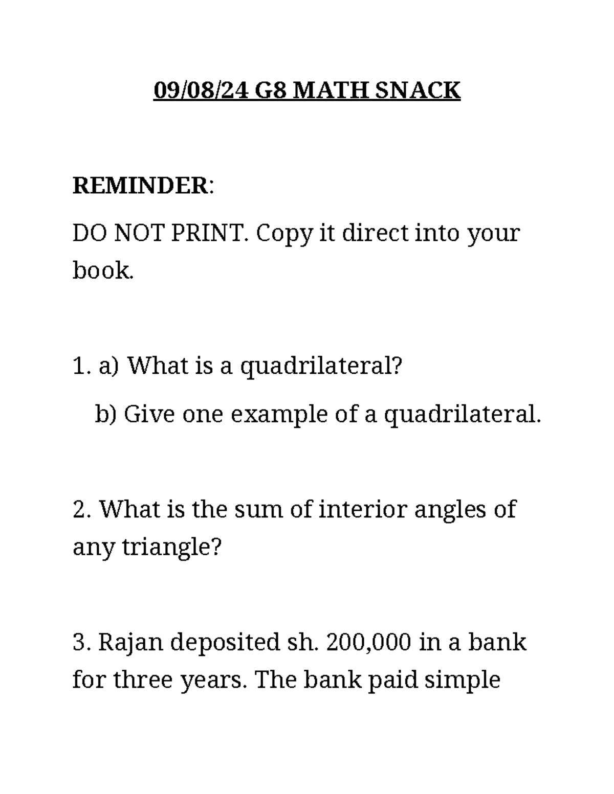09 08 24 G8 MATH - Revision paper - 09/08/24 G8 MATH SNACK REMINDER: DO ...