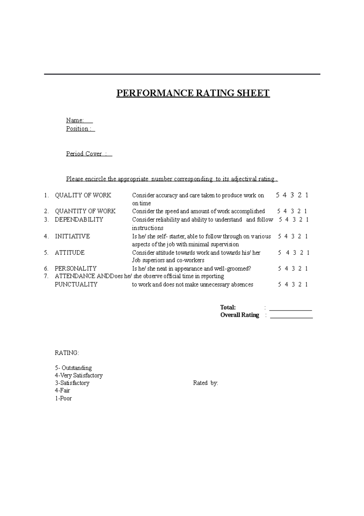 PerformancesheetCopy PERFORMANCE RATING SHEET Name Position