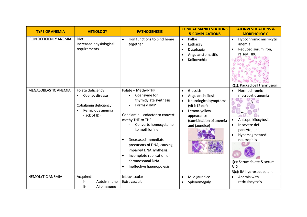 Anemia Notes - TYPE OF ANEMIA AETIOLOGY PATHOGENESIS CLINICAL ...