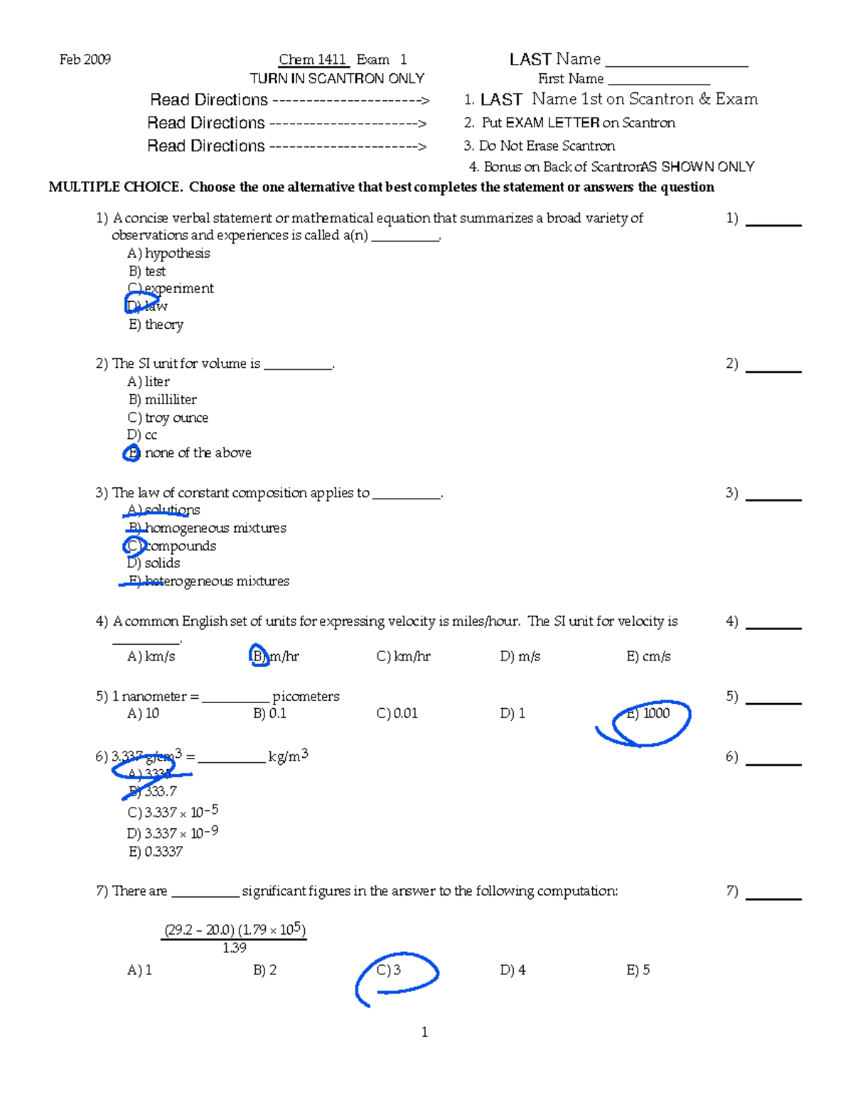 1411exam1 - Gen chem 115 practice questions - Feb 2009 Chem 1411 Exam 1 ...