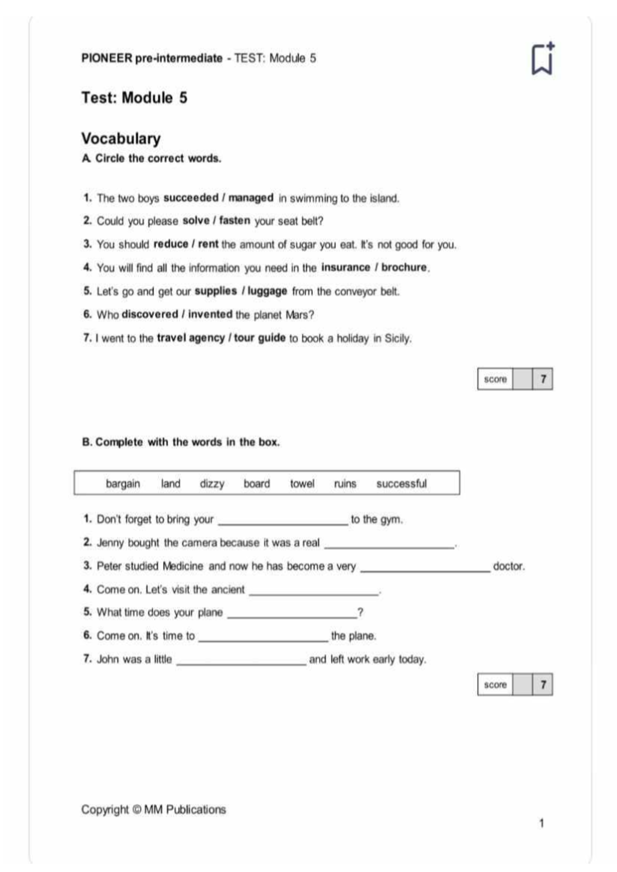 Ingles - PIONEER TEST: Module 5 Test: Module 5 Vocabulary A Circle the ...