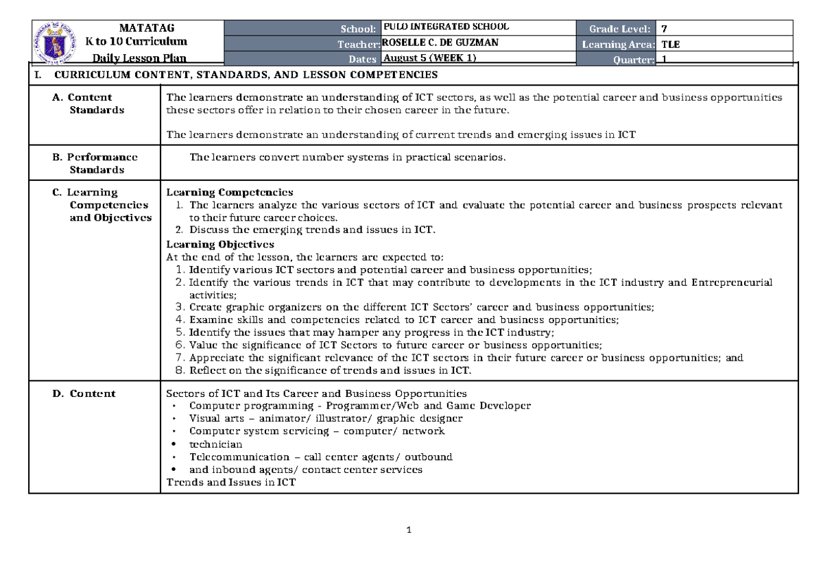 DLP TLE 7 Q1 W1 DAY 1 - DAILY LOG - I. CURRICULUM CONTENT, STANDARDS ...