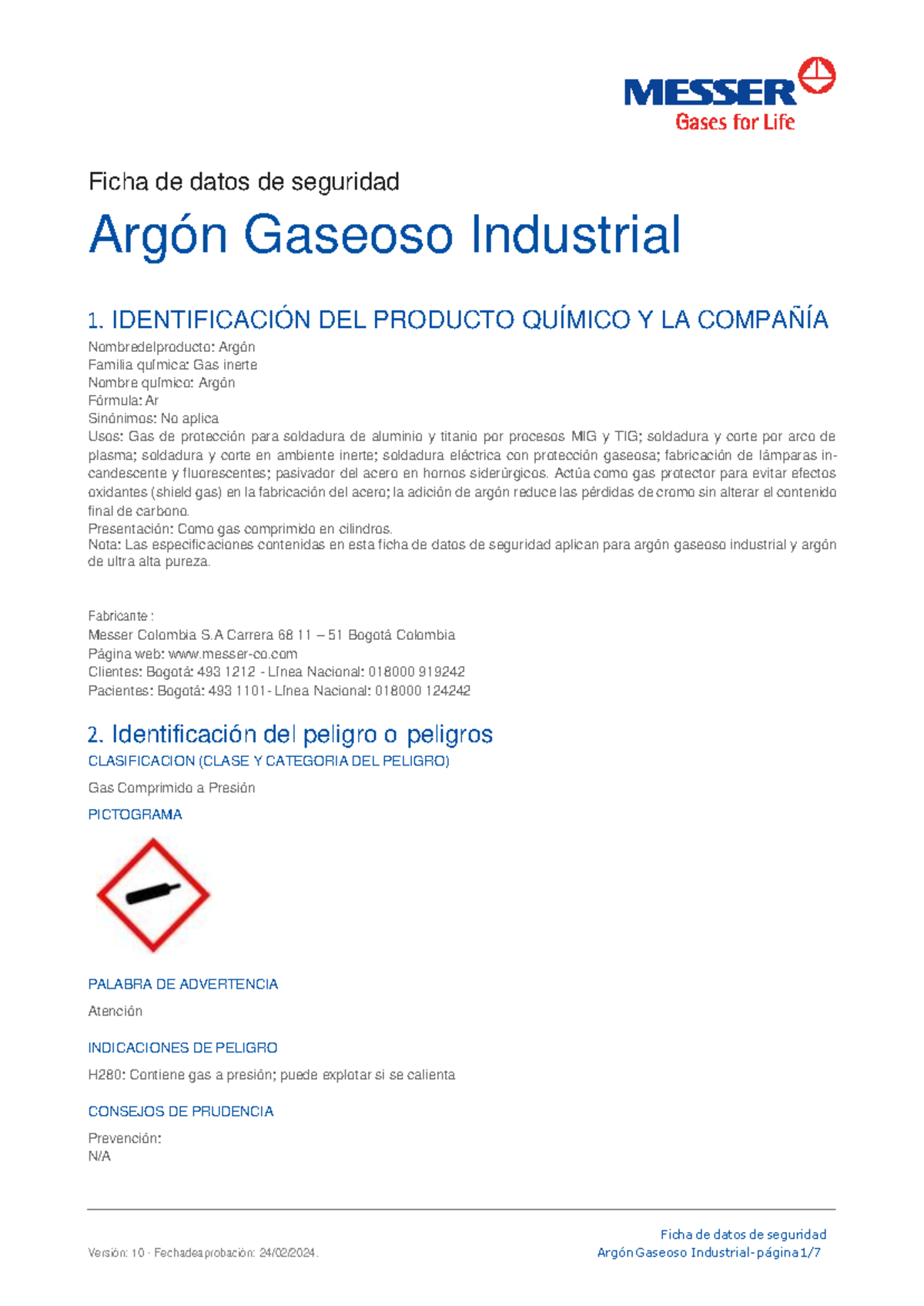 Fichas DE Datos DE Seguridad Argon Gaseoso Industrial 2021 - Ficha de ...