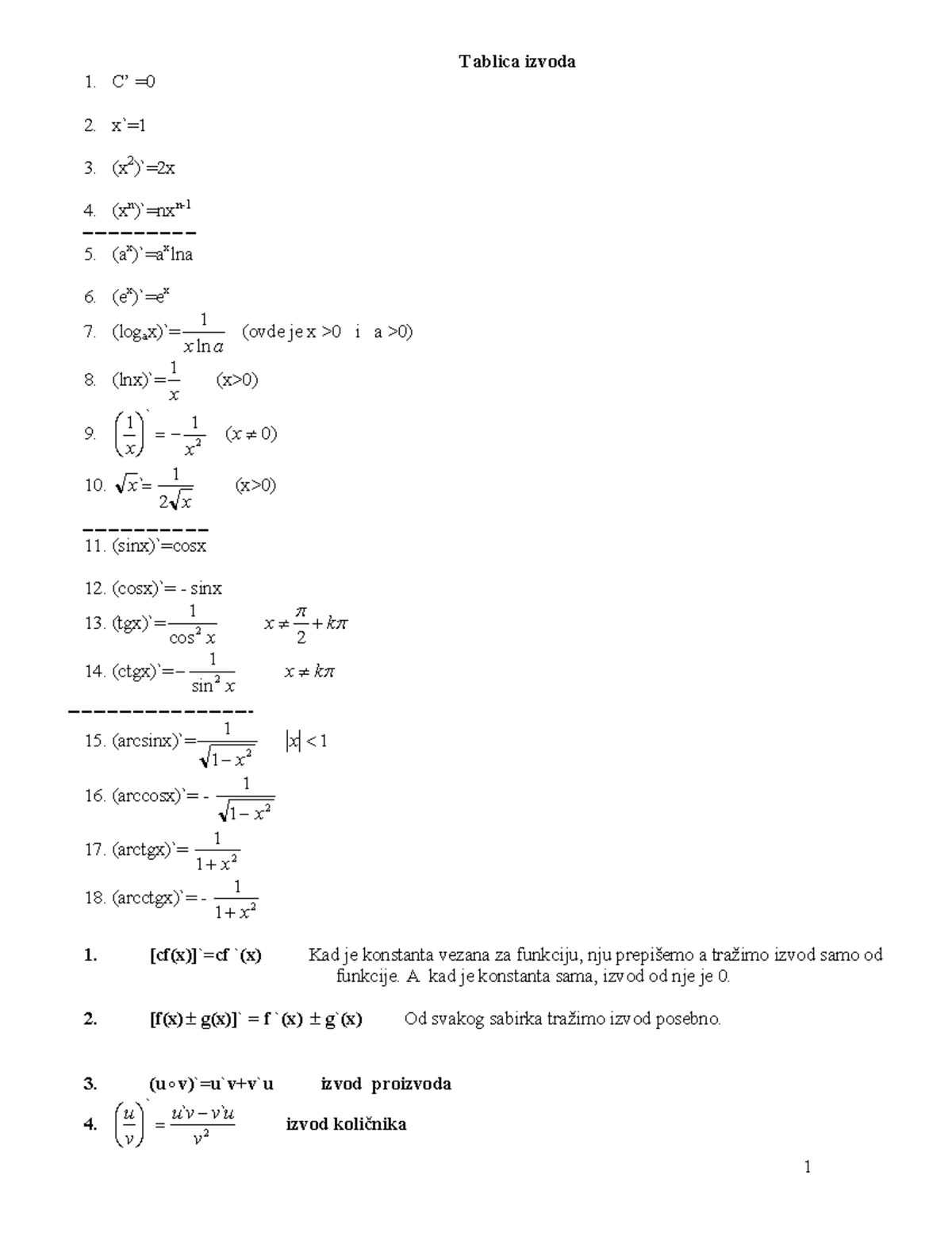 Izvodi Zadaci - I deo - Tablica izvoda 1. C’ = 2. x`= 3. (x 2 )`=2x 4 ...