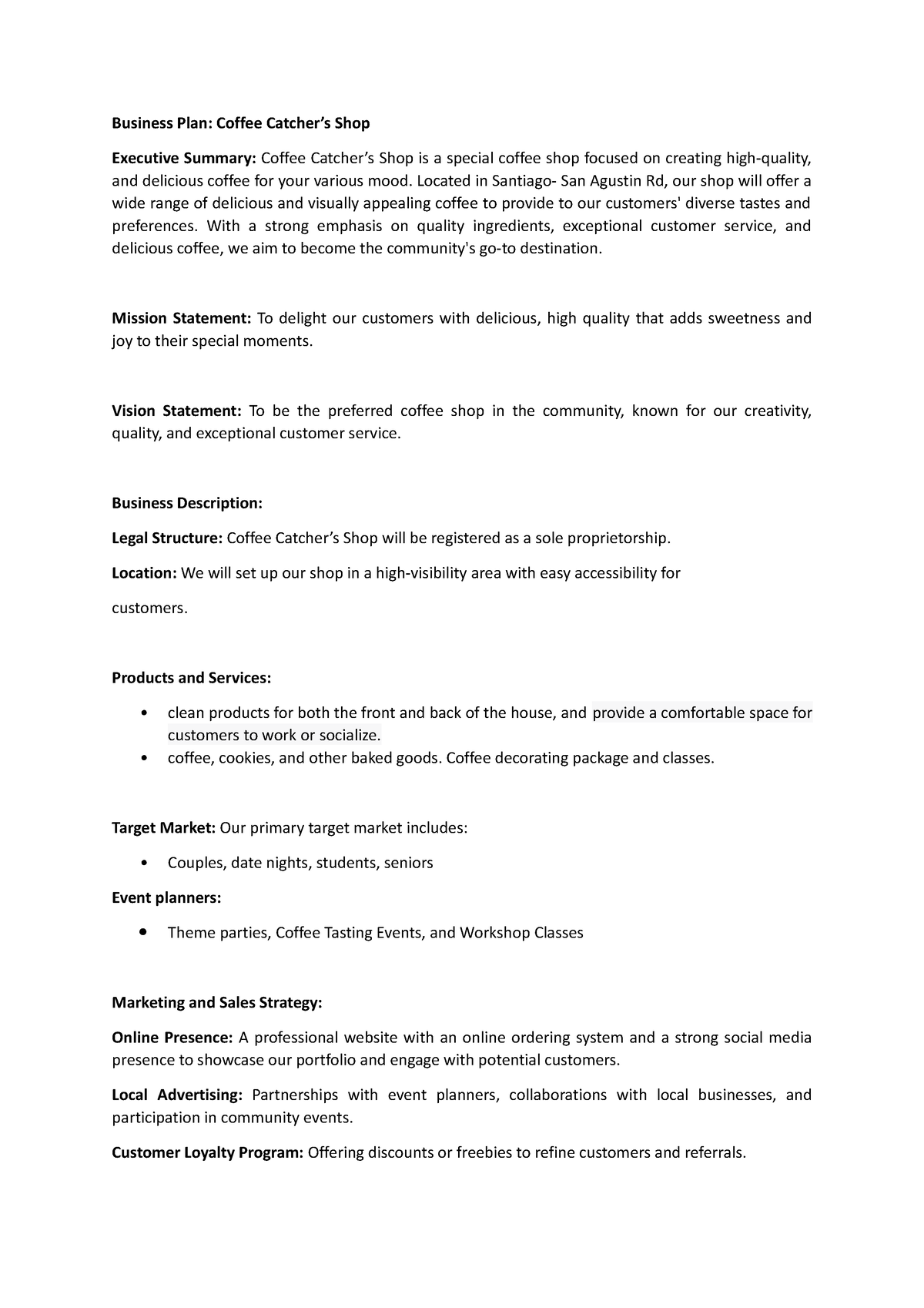 coffee shop business plan executive summary