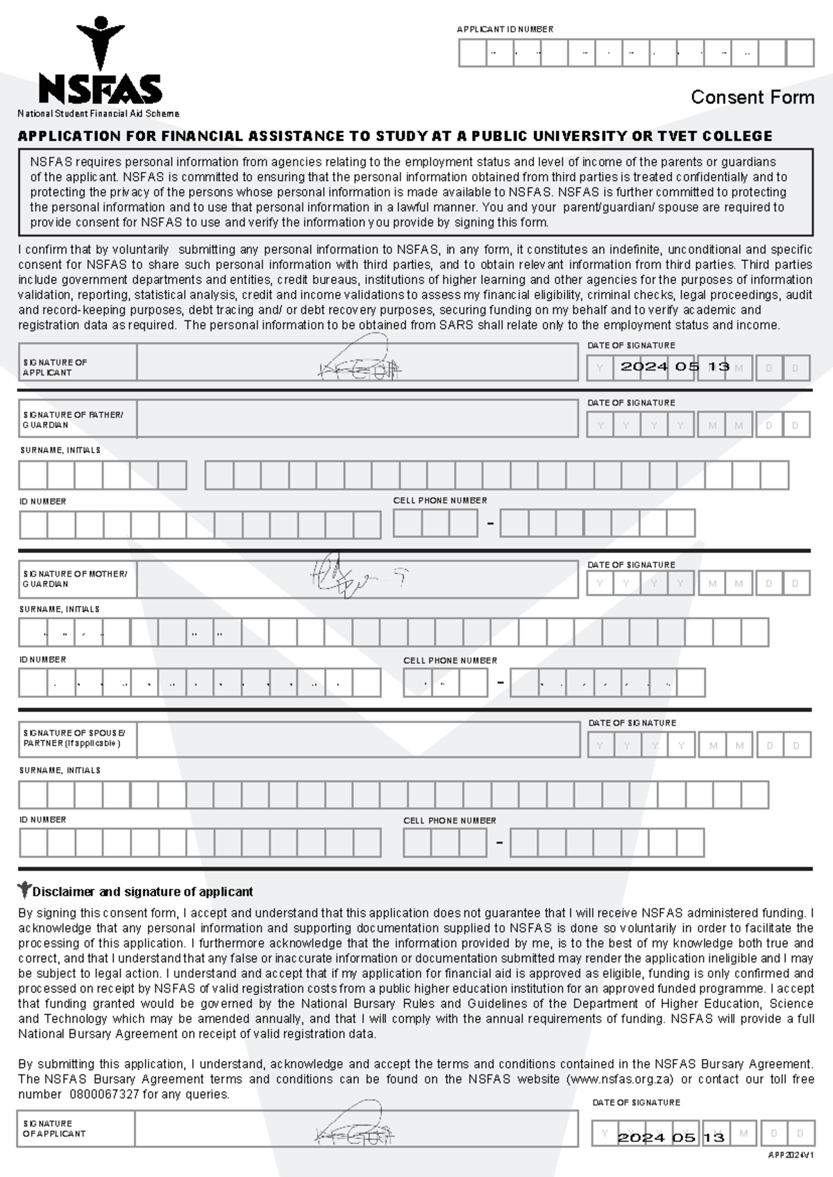 Nsfas 2024 Applications Consent Form APPLICANT ID NUMBER Consent Form 