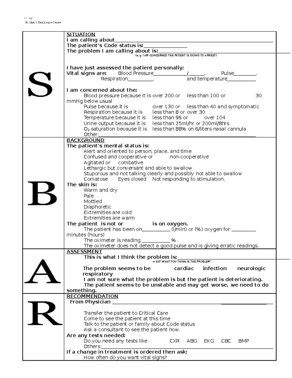 08 Sample SBAR Communication Tool - S SITUATION I am calling about The ...