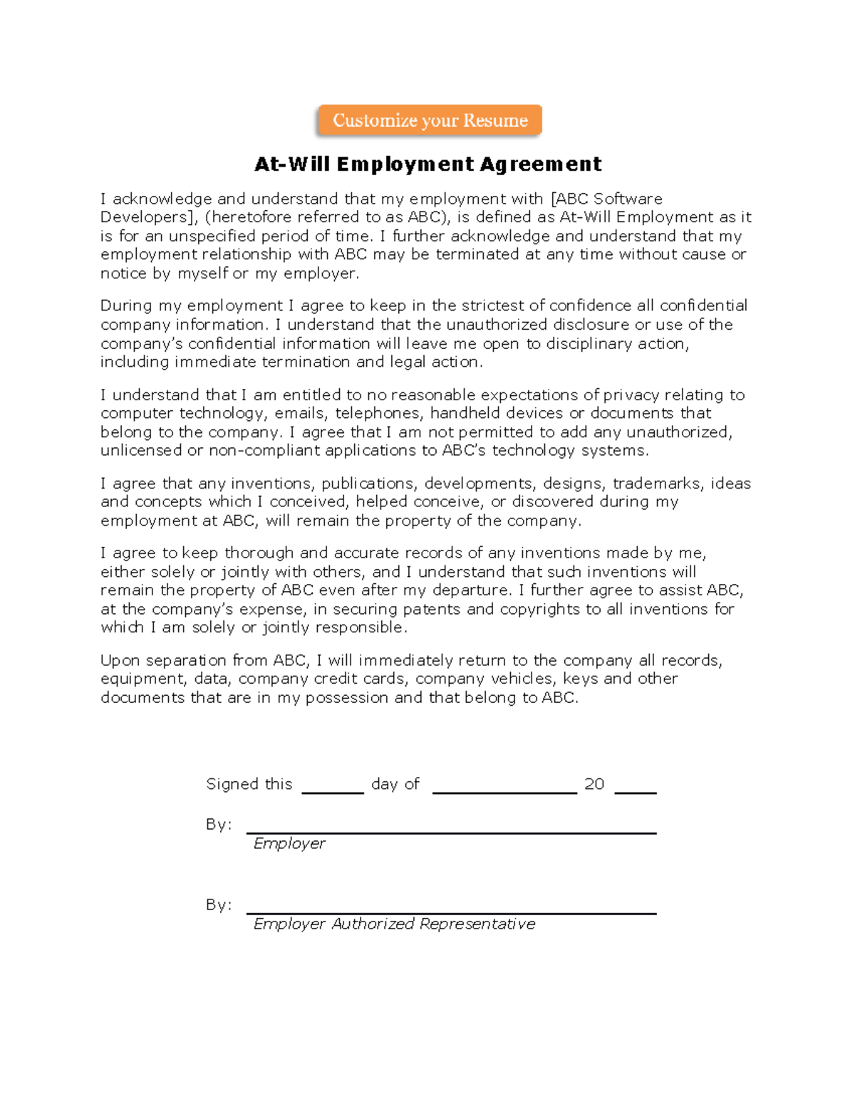 At Will Employment Agreement - At-Will Employment Agreement I ...