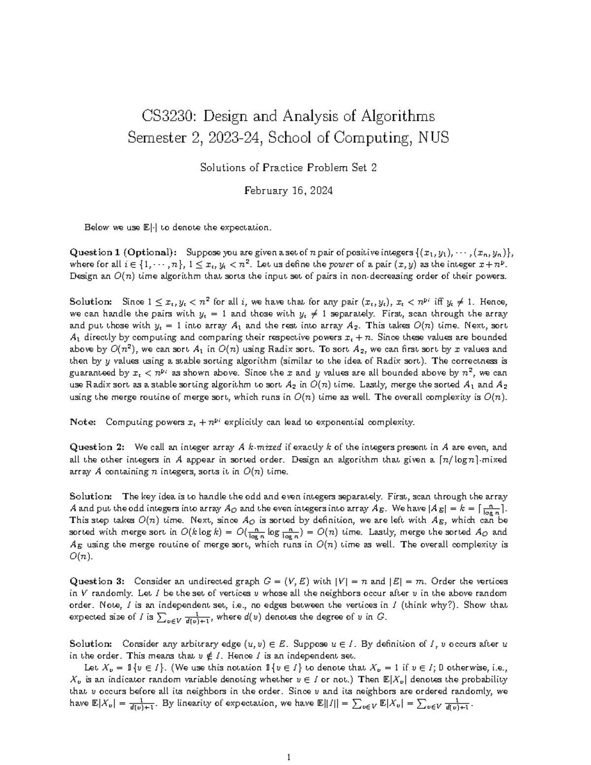 Solutions practice set 2 - CS3230: Design and Analysis of Algorithms ...