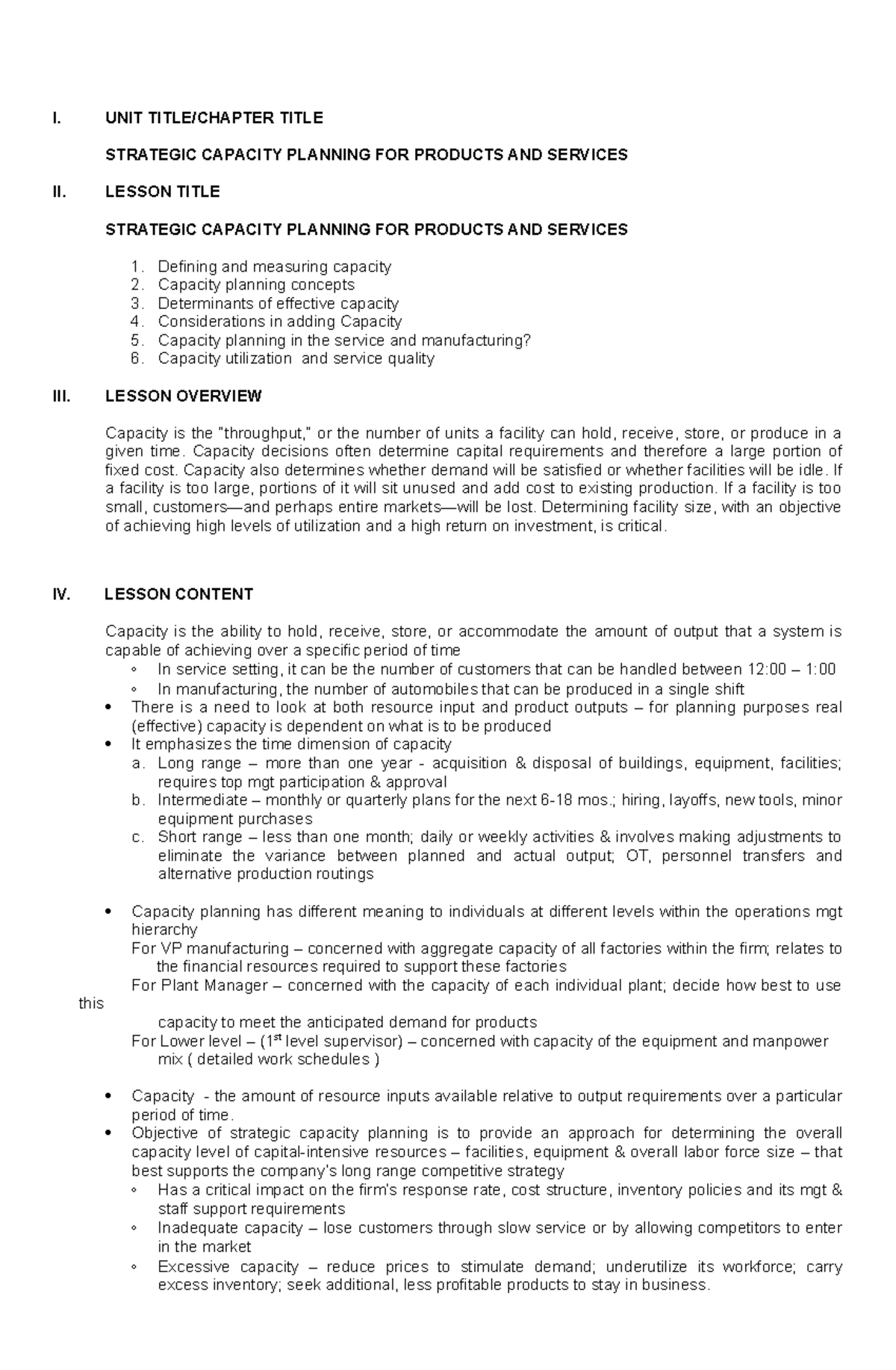 ICD CBM 1 5 - Operations Management Notes - I. UNIT TITLE/CHAPTER TITLE ...