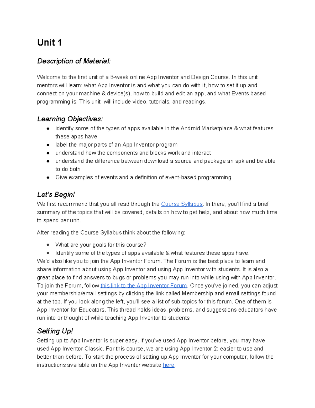 Programming Unit 1 - Computer science - Unit 1 Description of Material ...