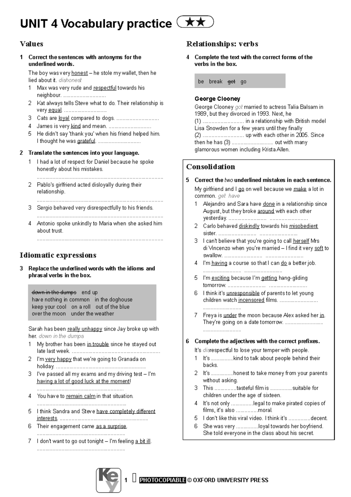 VOC U4 Activities Revision UNIT 4 Vocabulary Practice Values 1