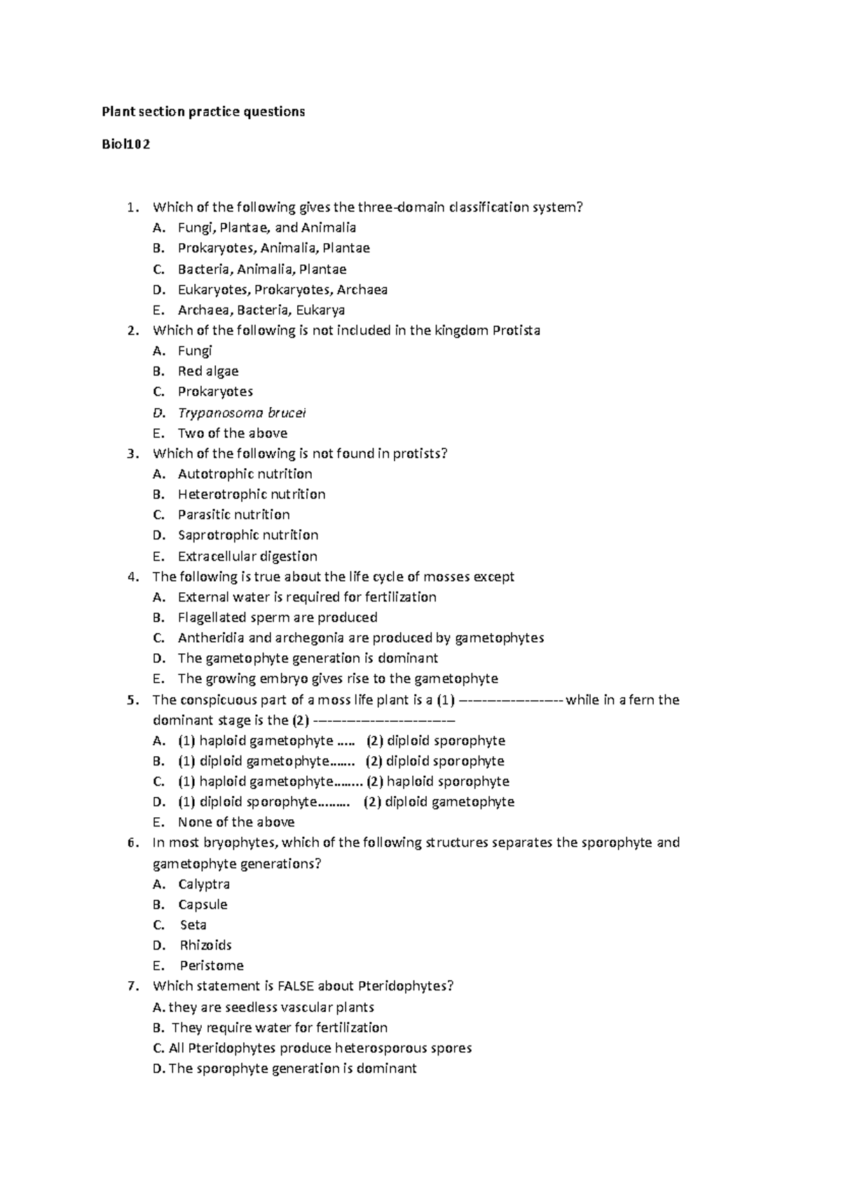 Biol102 Practice question plant section - Plant section practice ...