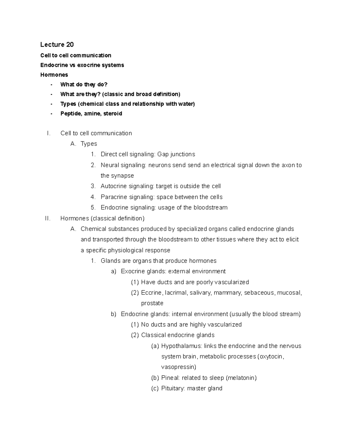 Bio 225 Exam 3 - Lecture notes for exam 3 - Lecture 20 Cell to cell ...