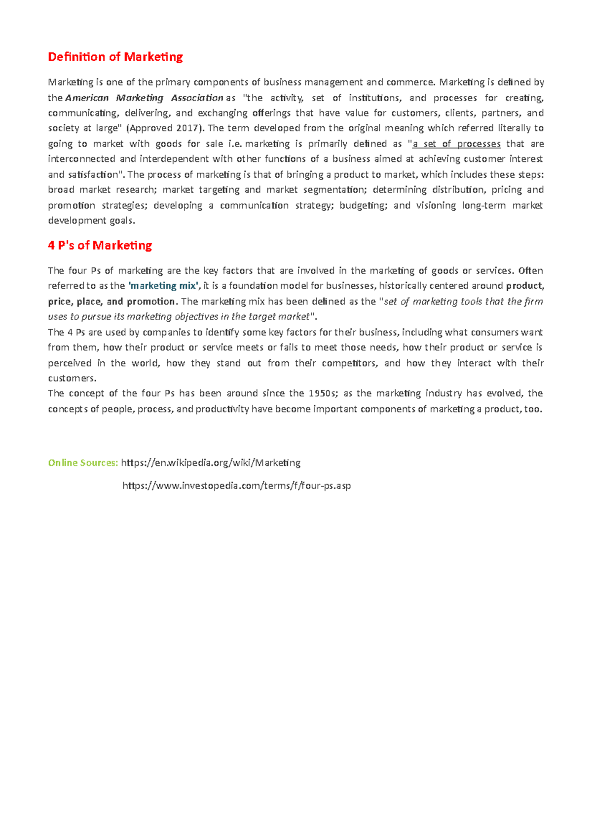 Definition of marketing Definition of Marketing Marketing is one of the primary components of