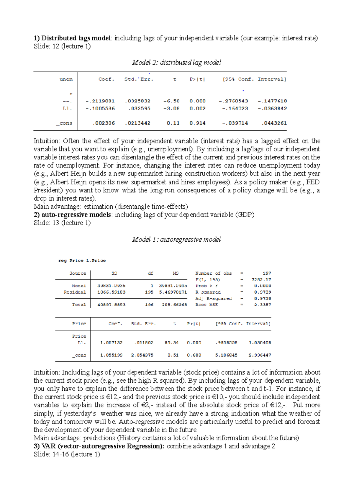 Summarytimeseries time series summary Distributed lags model