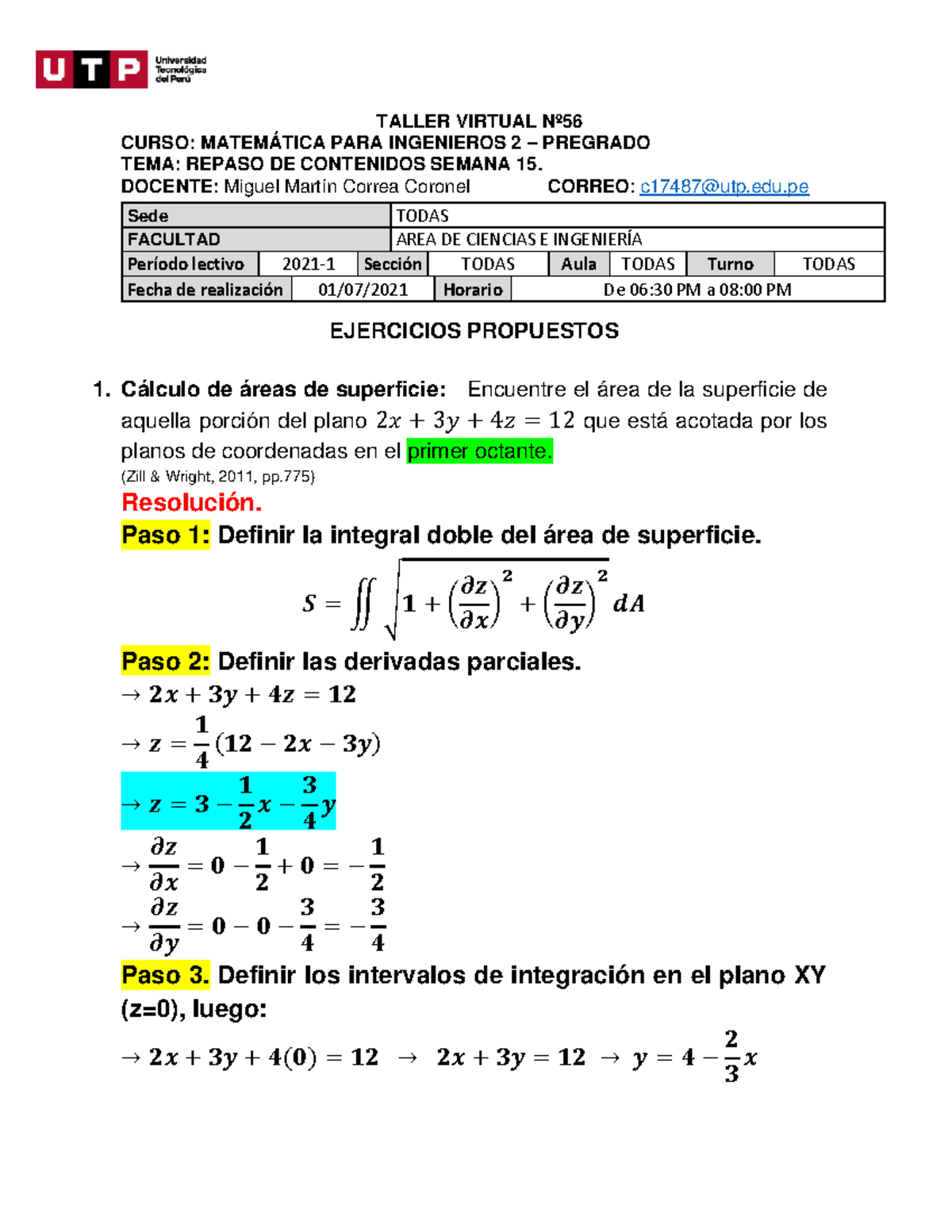 Matematica Para Ingenieros TALLER SEMANA 15-3 - TALLER VIRTUAL Nº CURSO ...