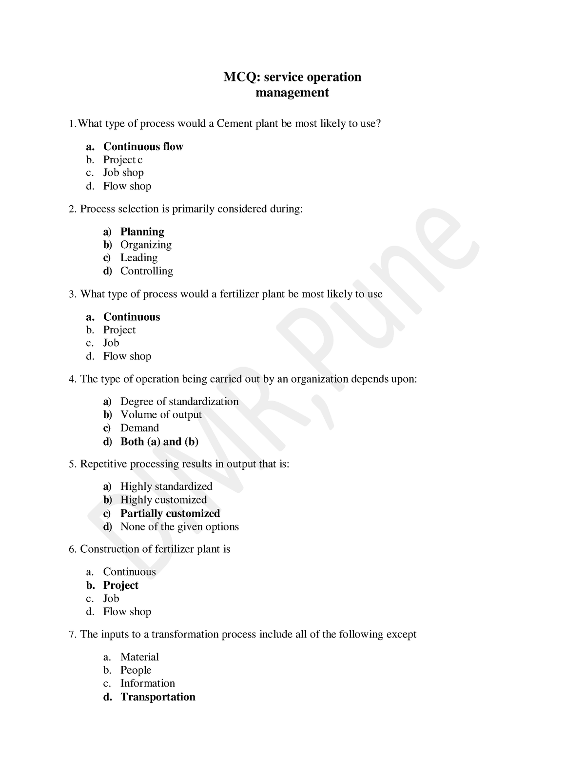 Service Operation Mgt Word - MCQ: Service Operation Management What ...