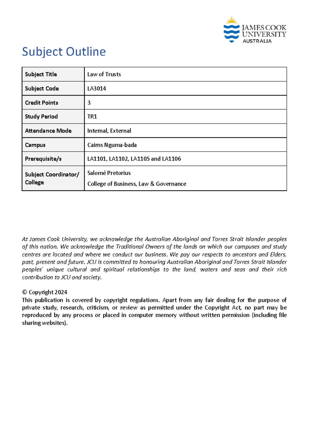 Subject Outline 2024 LA3014 CNS TSV TR1 EXT INT - Subject Outline ...