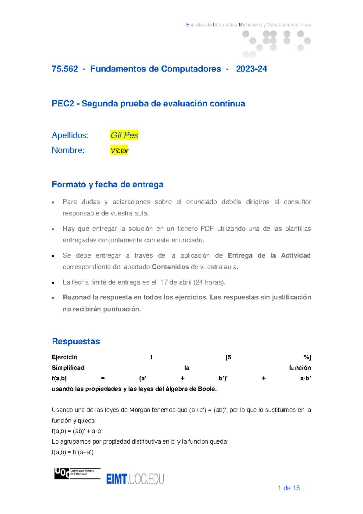 75 - PEC2 circuitos combinacionales - 75 · Fundamentos de Computadores ...