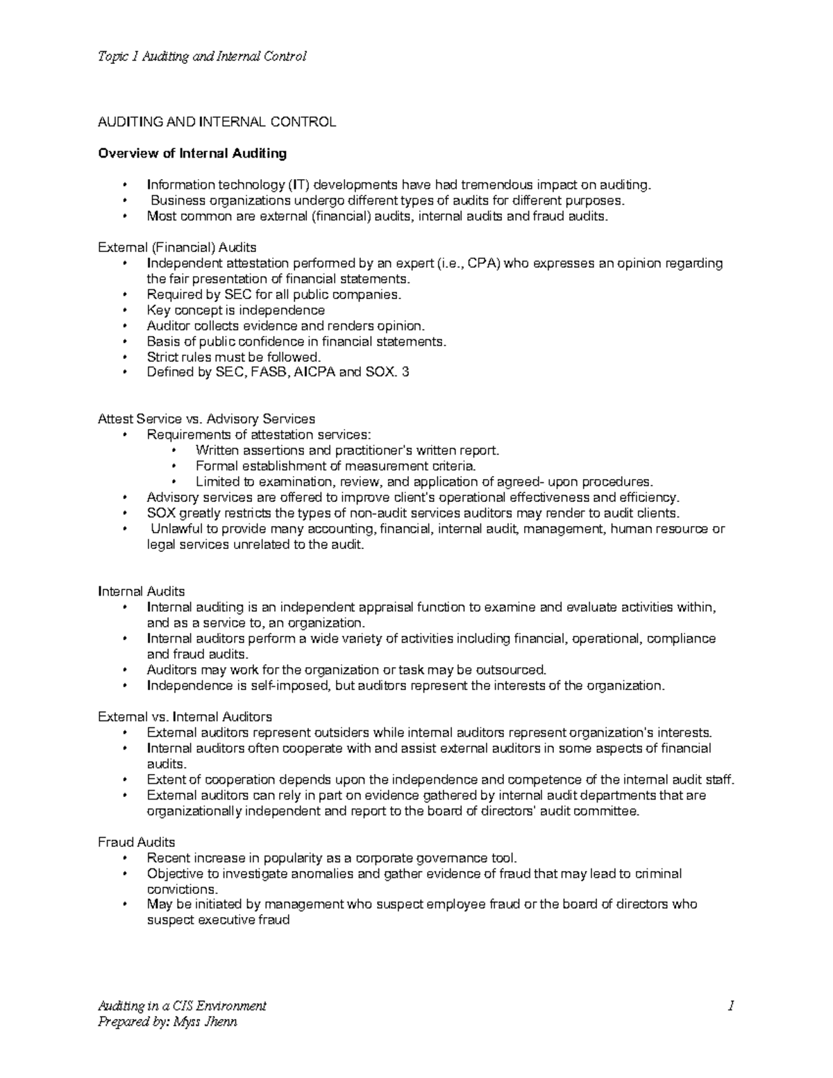 Topic 01 Auditing and Internal Control Auditing in a CIS Environment