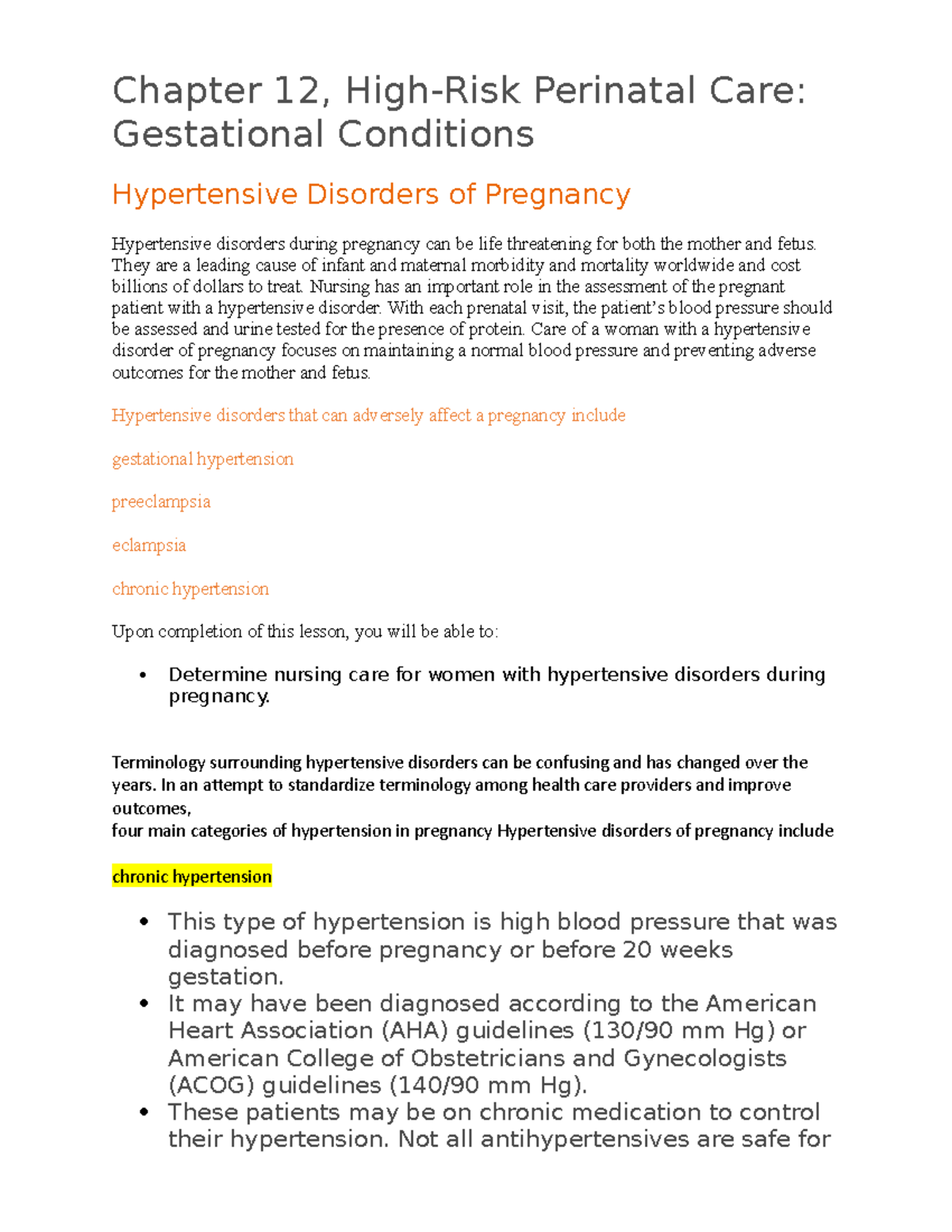 Chapter 12, High-risk Perinatal Care- Gestational Conditions 