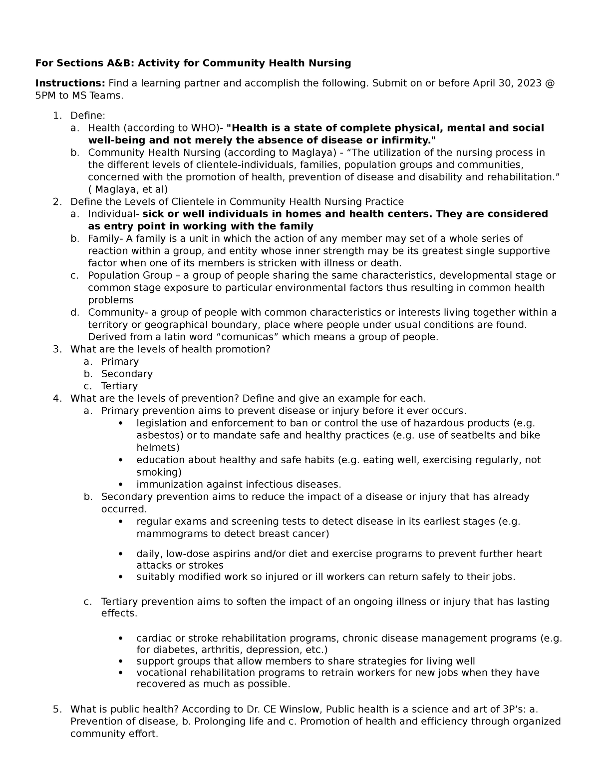 CHN Review-Activity Written - For Sections A&B: Activity for Community ...
