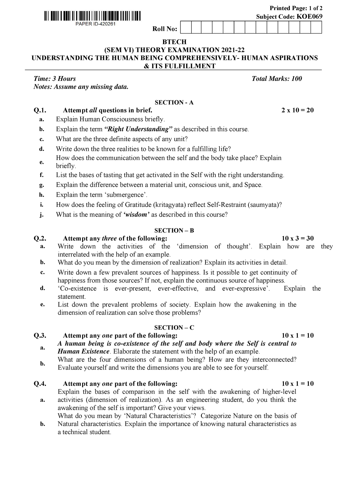 KOE-069 (2021-22) - Printed Page: 1 of 2 Subject Code: KOE 0 Roll No: 0 ...