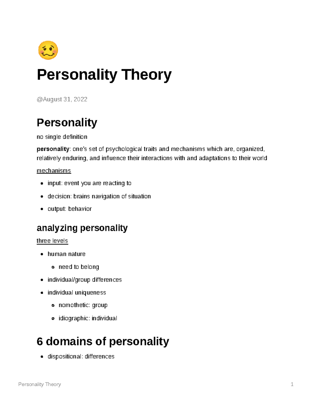 Introduction To Personality Theory - ¢ Personality Theory Personality ...