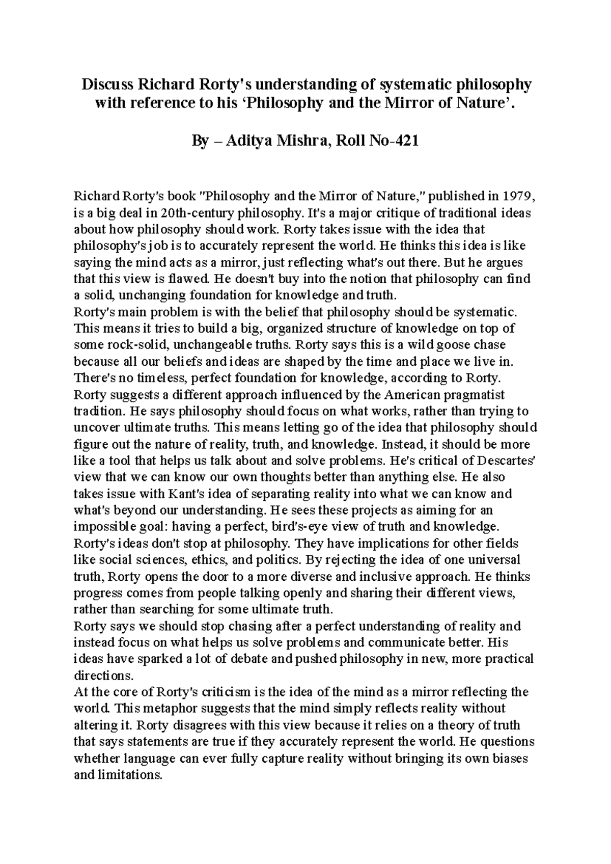 Discuss Richard Rorty - assignment - Discuss Richard Rorty's ...