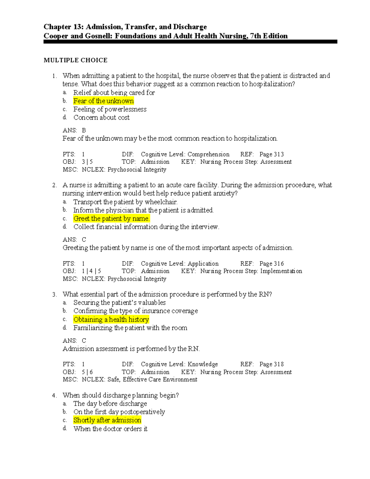 C13 - Foundations and Adult health nursing - Chapter 13: Admission ...