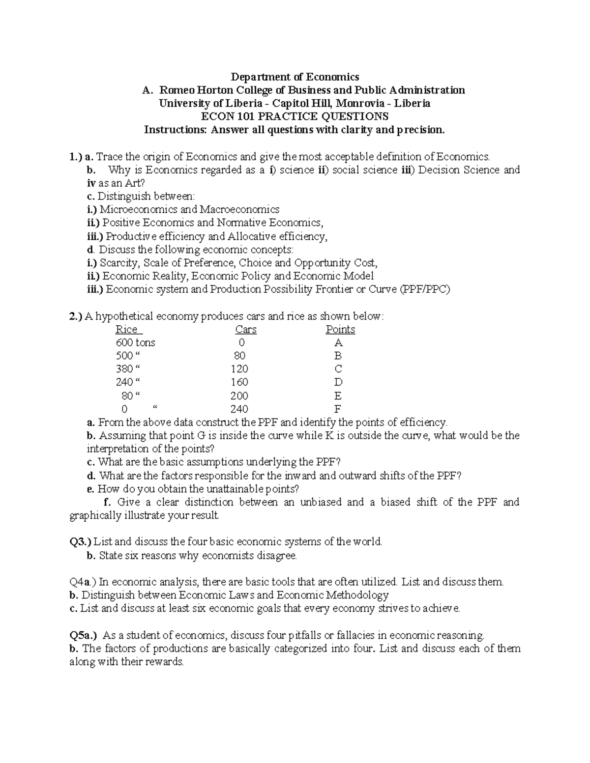 ECON 101 Practice Questions - Department of Economics A. Romeo Horton ...