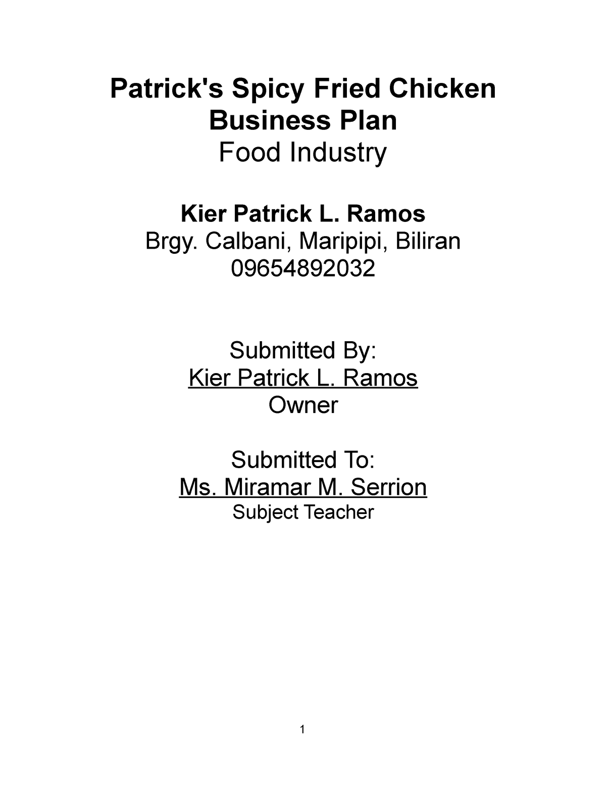fried chicken business plan pdf