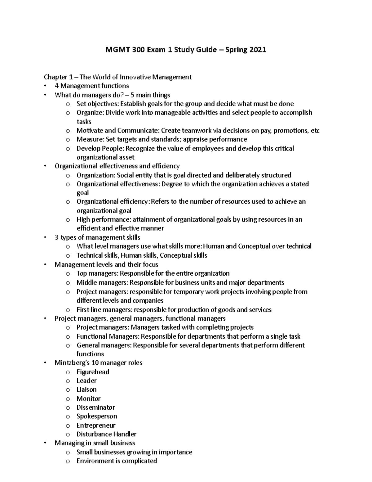 MGMT300 Study Guide - MGMT 300 Exam 1 Study Guide – Spring 2021 Chapter ...