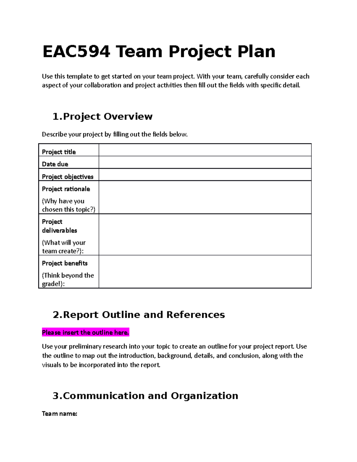 EAC594 Team Project Plan - With your team, carefully consider each ...