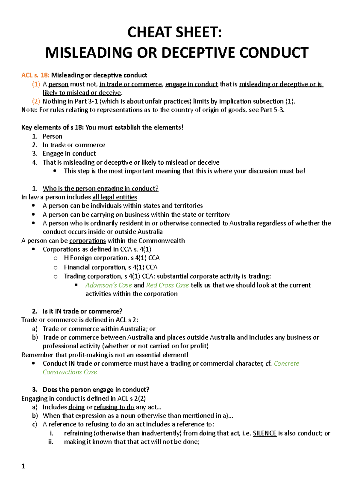 Cheat Sheet Misleading OR Deceptive Conduct CHEAT SHEET MISLEADING OR DECEPTIVE CONDUCT ACL Cheat Sheet Misleading OR Deceptive Conduct CHEAT SHEET MISLEADING OR DECEPTIVE CONDUCT ACL