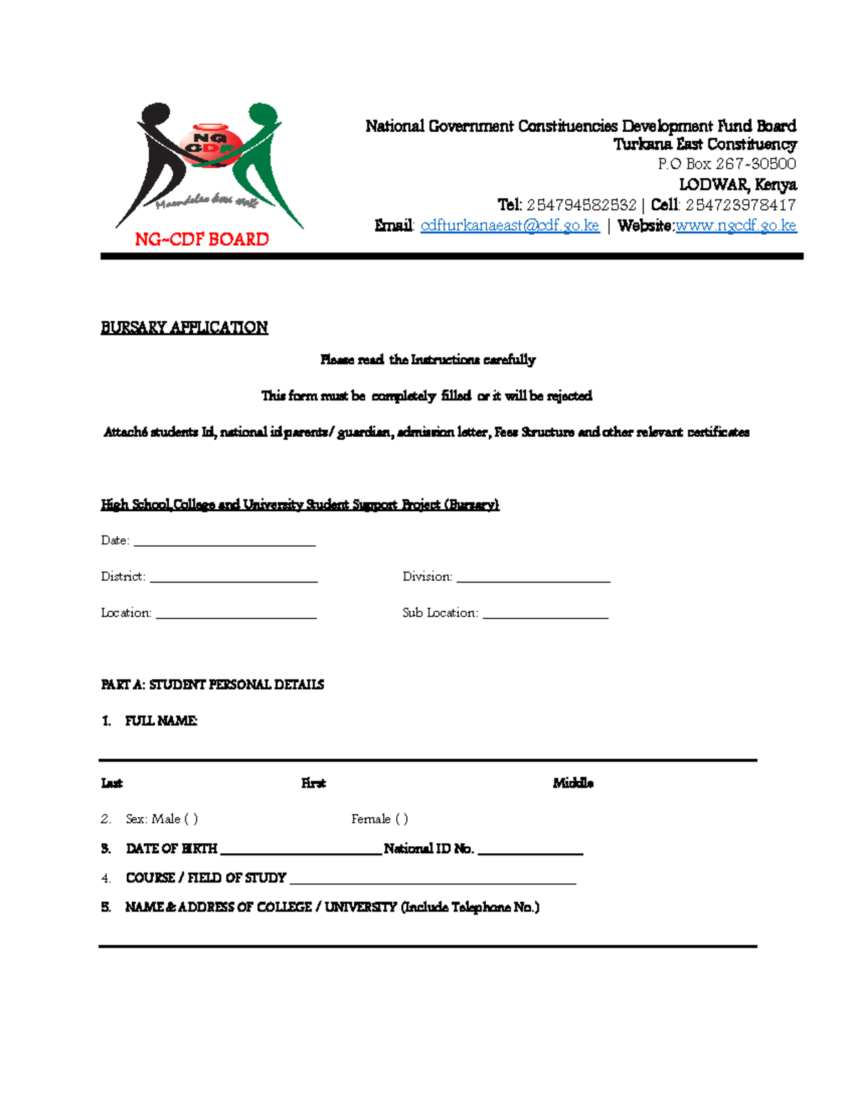 Bursary- Application - Notes - NG-CDF BOARD National Government ...