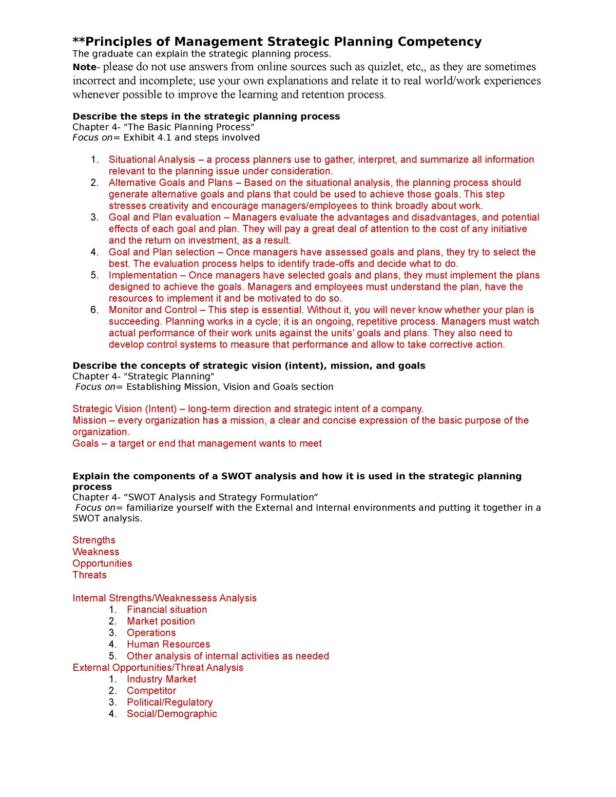 Strategic Planning Process and Components: Steps Vision SWOT Core Five ...