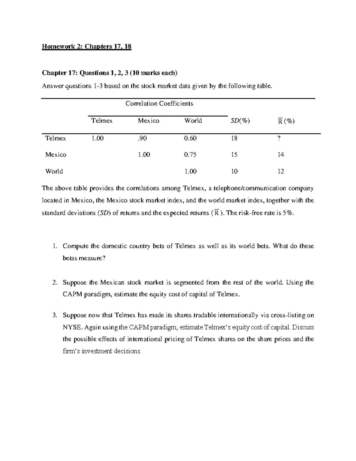 International Finance Homework 2 - Homework 2: Chapters 17, 18 Chapter ...