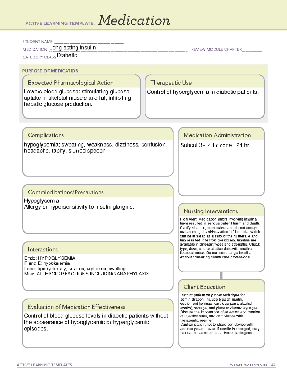 Long acting insulin Medication ACTIVE LEARNING TEMPLATES THERAPEUTIC