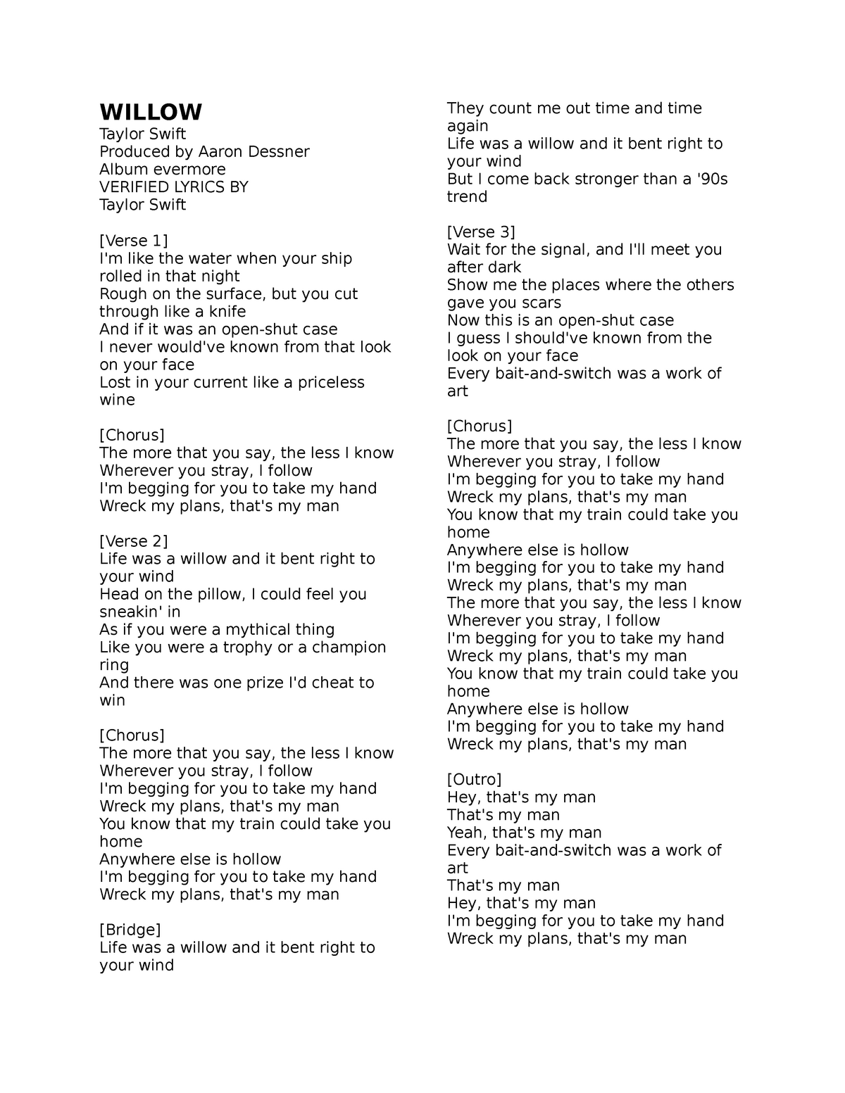 Ælte indhold rigdom Willow - Taylor Swift song lyrics - Accountancy - BA51 - StuDocu