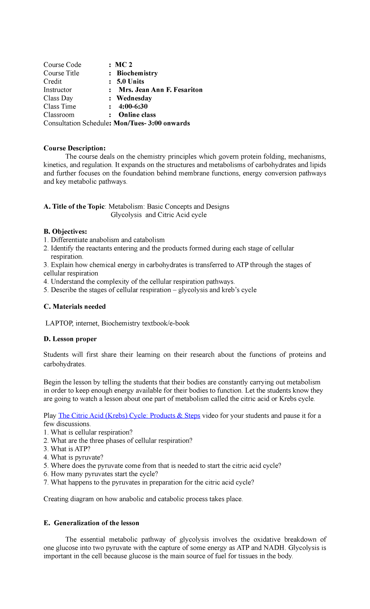 Biochem- Lesson-Metabolism Basic Concepts and Designs - Course Code ...