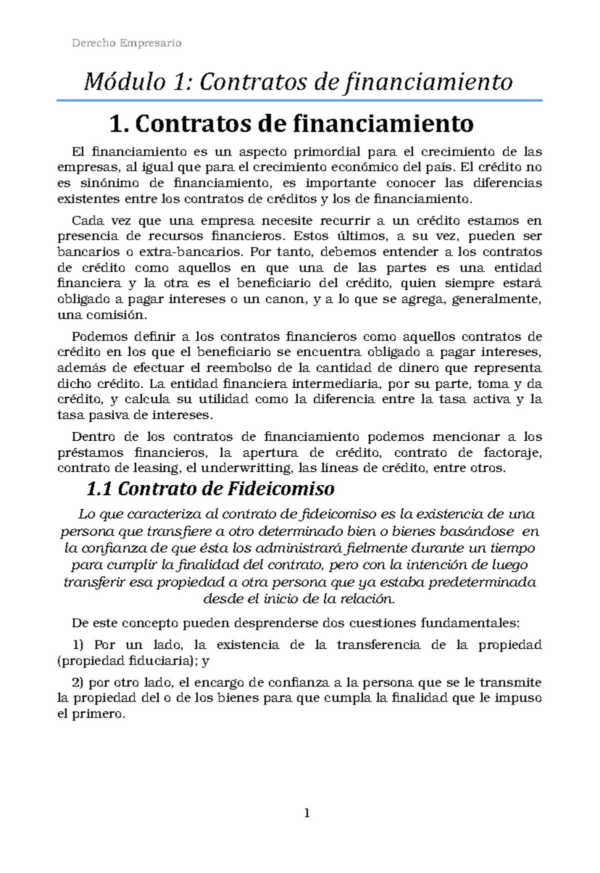 Resumen De Derecho Empresario - Módulo 1: Contratos De Financiamiento 1 ...