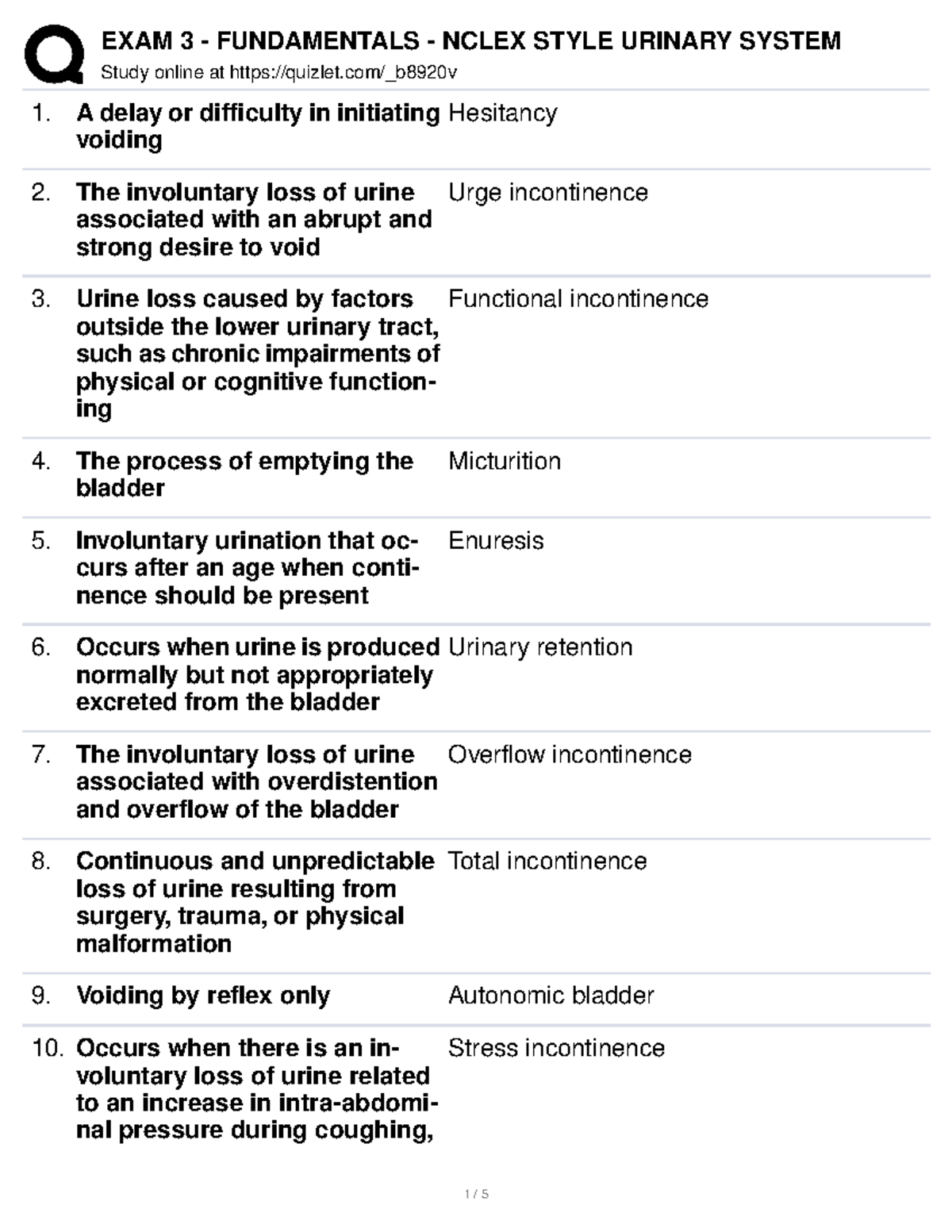 EXAM 3 Fundamentals Nclex Style Urinary System Study online at