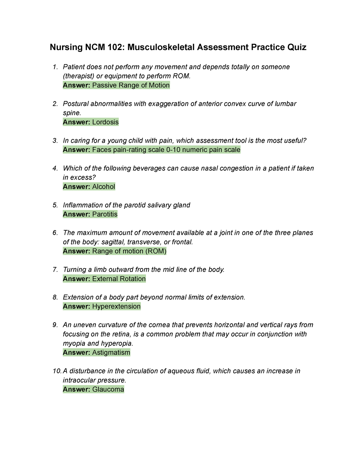 Nursing NCM 102 Musculoskeletal Assessment Practice Quiz - Answer ...