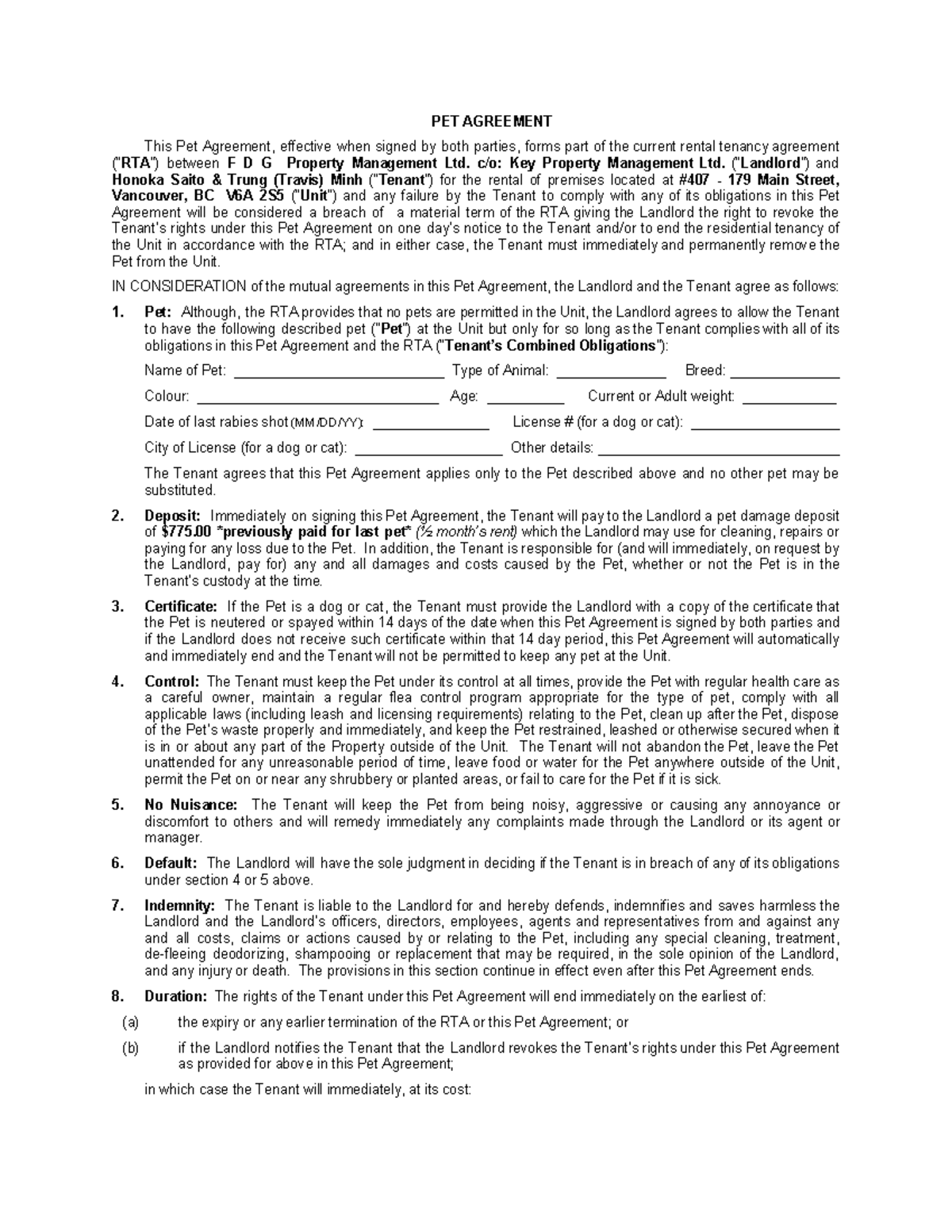 179 Pet Agreement Template - PET AGREEMENT This Pet Agreement ...