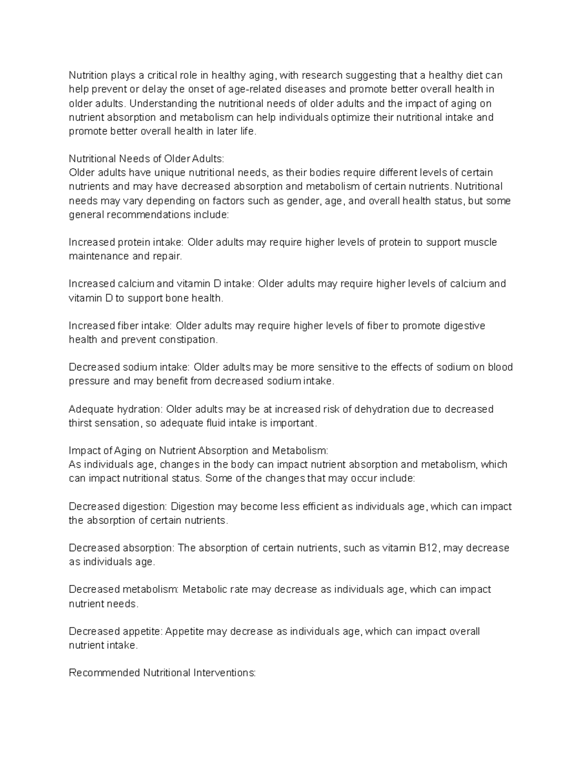 Nutrition and Aging Notes - Nutrition plays a critical role in healthy ...