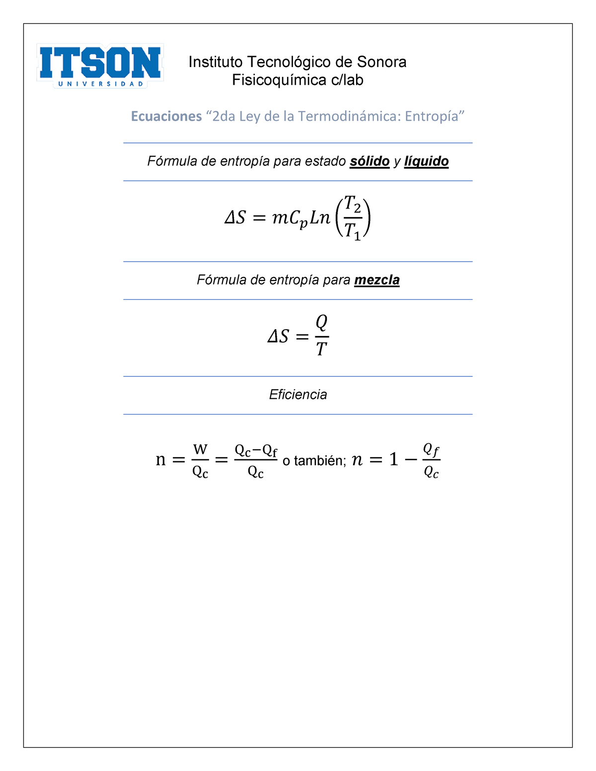 Ecuaciones de la 2da ley de la termodinámica formulario - Instituto  Tecnológico de Sonora - Studocu