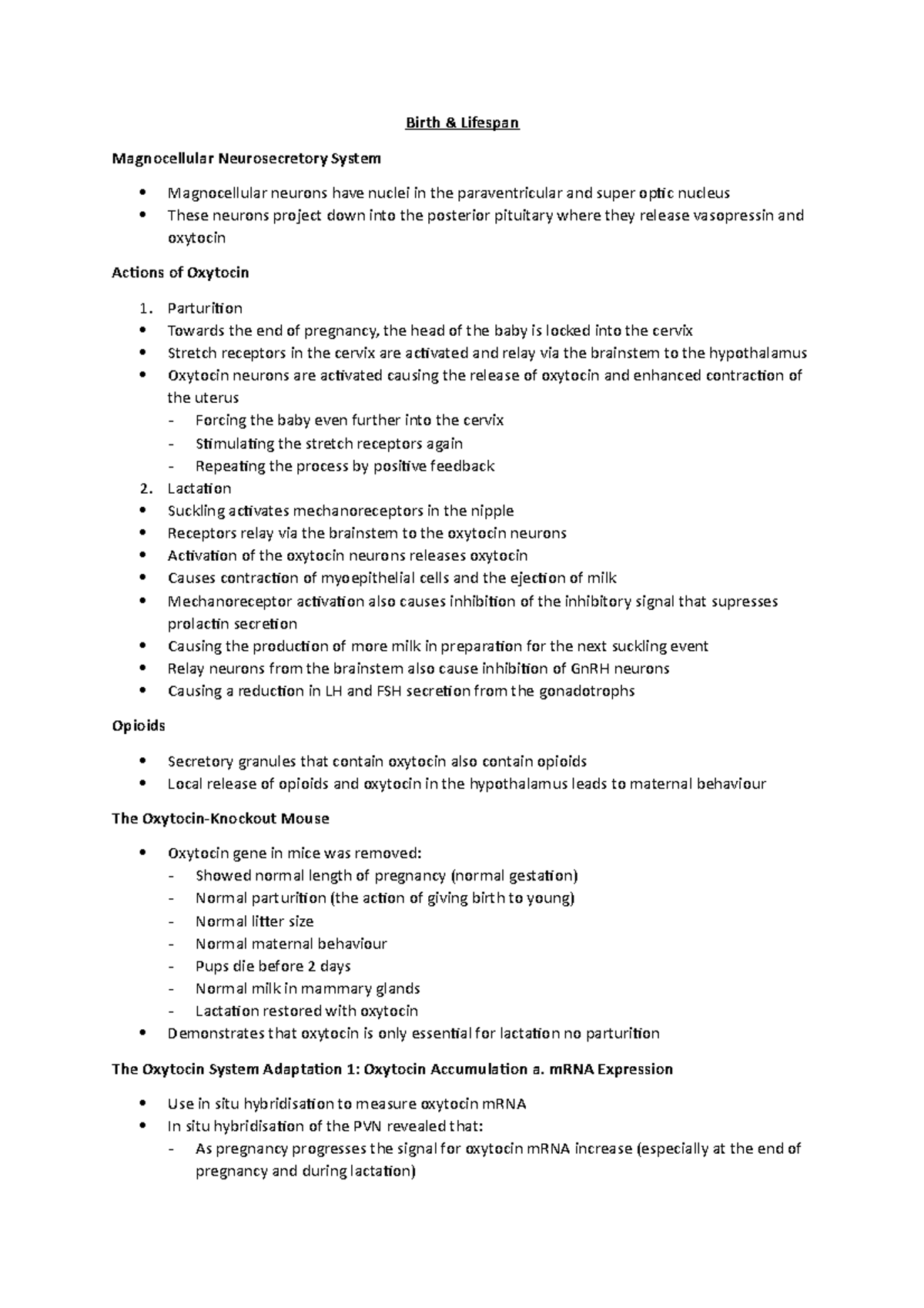 Birth & Lifespan Lecture notes 1 Birth & Lifespan Magnocellular